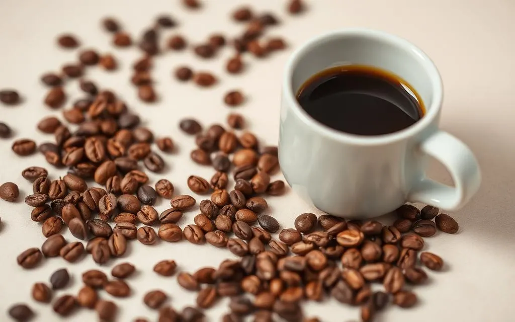 Roasted coffee beans beside a cup of black coffee