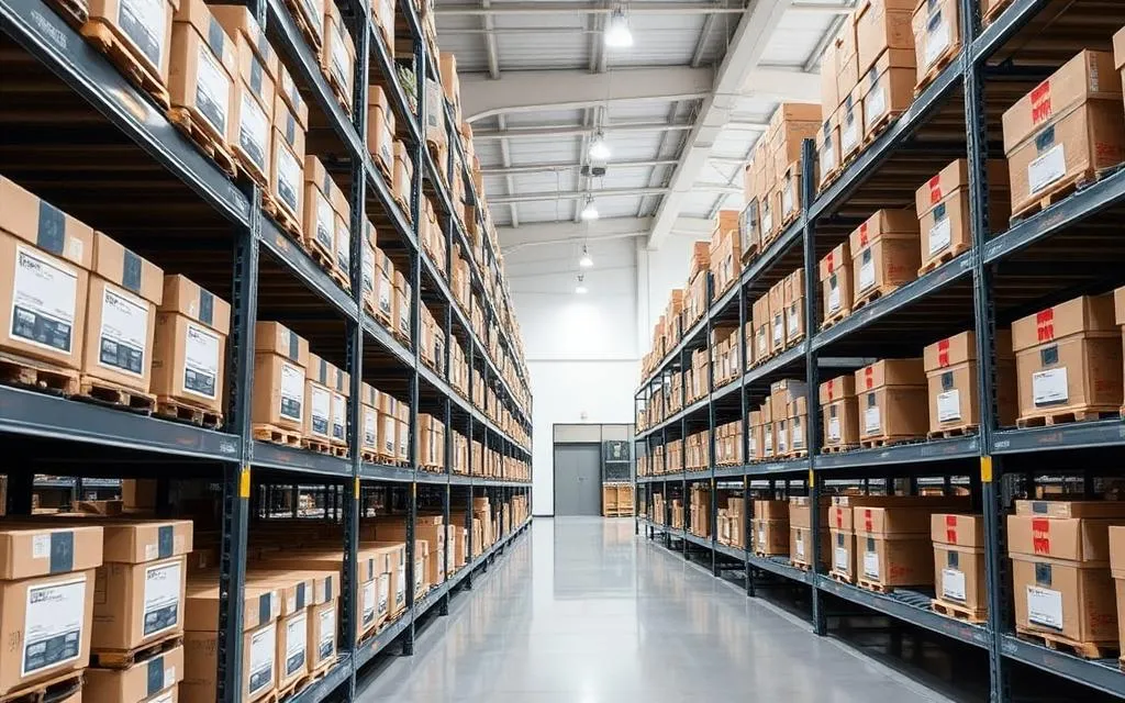 Organized storage boxes on warehouse shelving