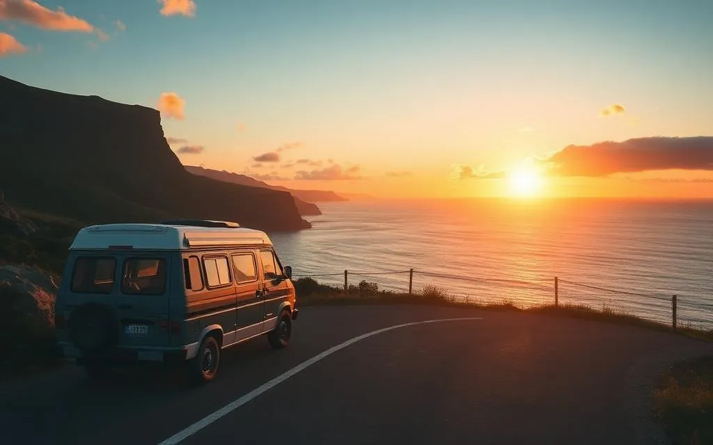 Camper van on a coastal road at sunset