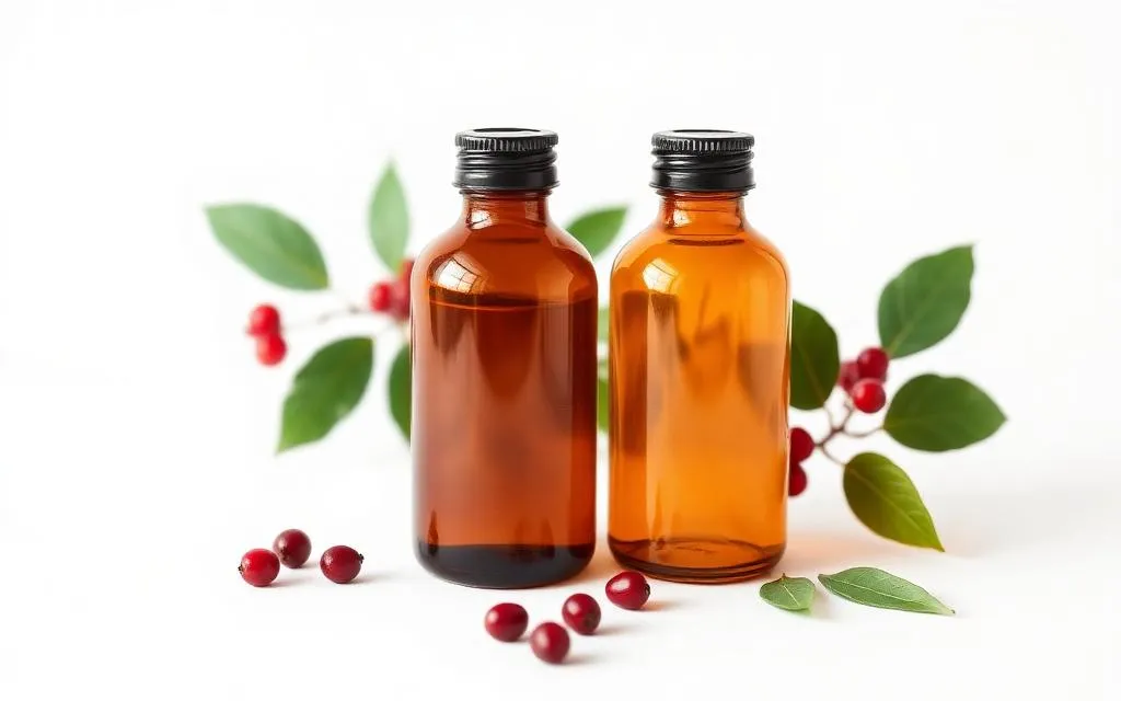 Amber supplement bottles with fresh botanicals